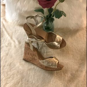 REPORT - Gold wedge heel sandal  with a cork heel. Sz 7.5. EXCELLENT CONDITION!